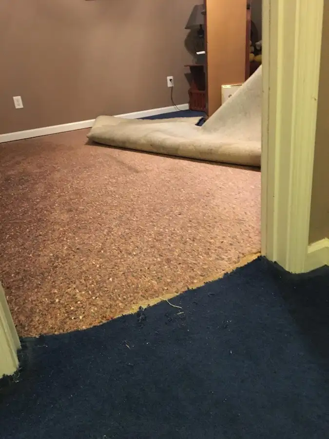Carpet pad removal revealing water damage during Water Mitigation Services in Kaufman